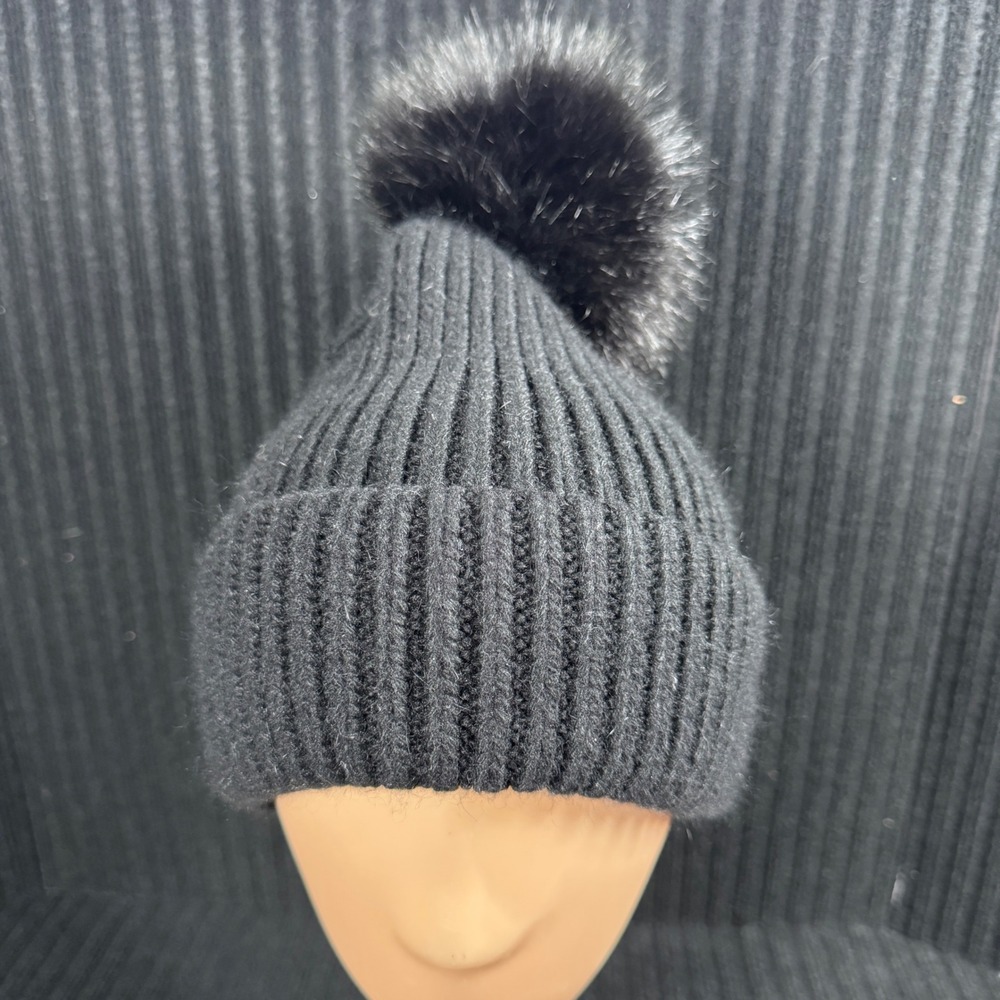 Women's Norla‎ Canada Black Alpaca Wool Blend Ribbed Faux Fur Pom Beanie Hat